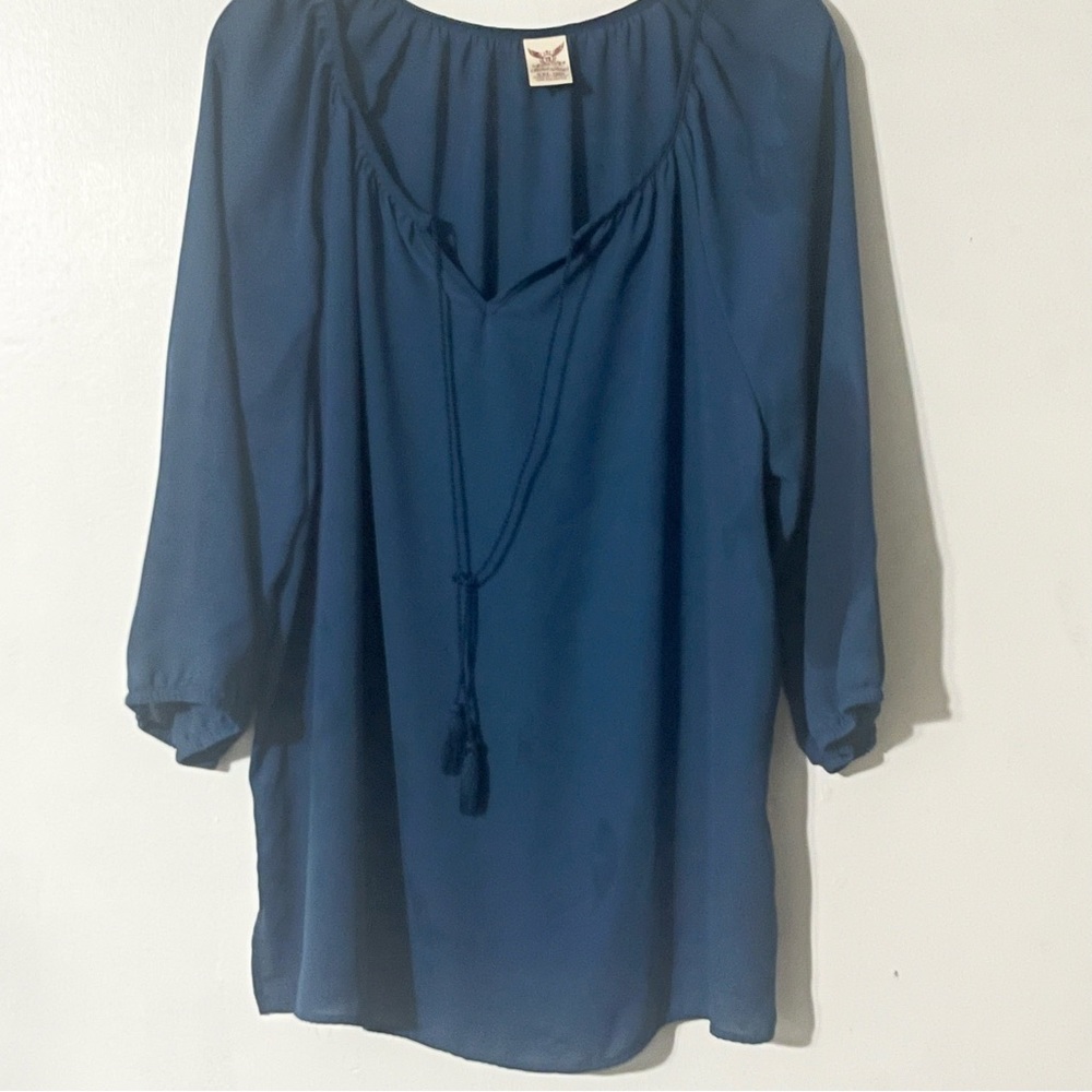 FADED GLORY Women Tie Neck Blouse Dark Teal 3/4 Puff Sleeve Semi Sheer Size XXL